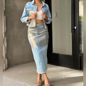 Set of Metallic Gold Denim Jeans Skirt & Jacket, Large Light Blue